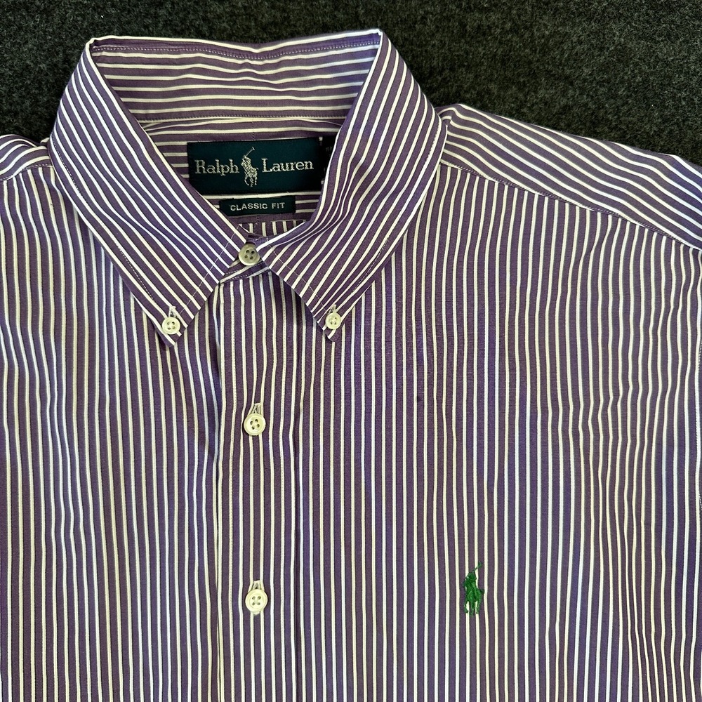 Ralph Lauren Shirt Mens LG White Purple Stripe Long Sleeve Green Pony Button Up‎